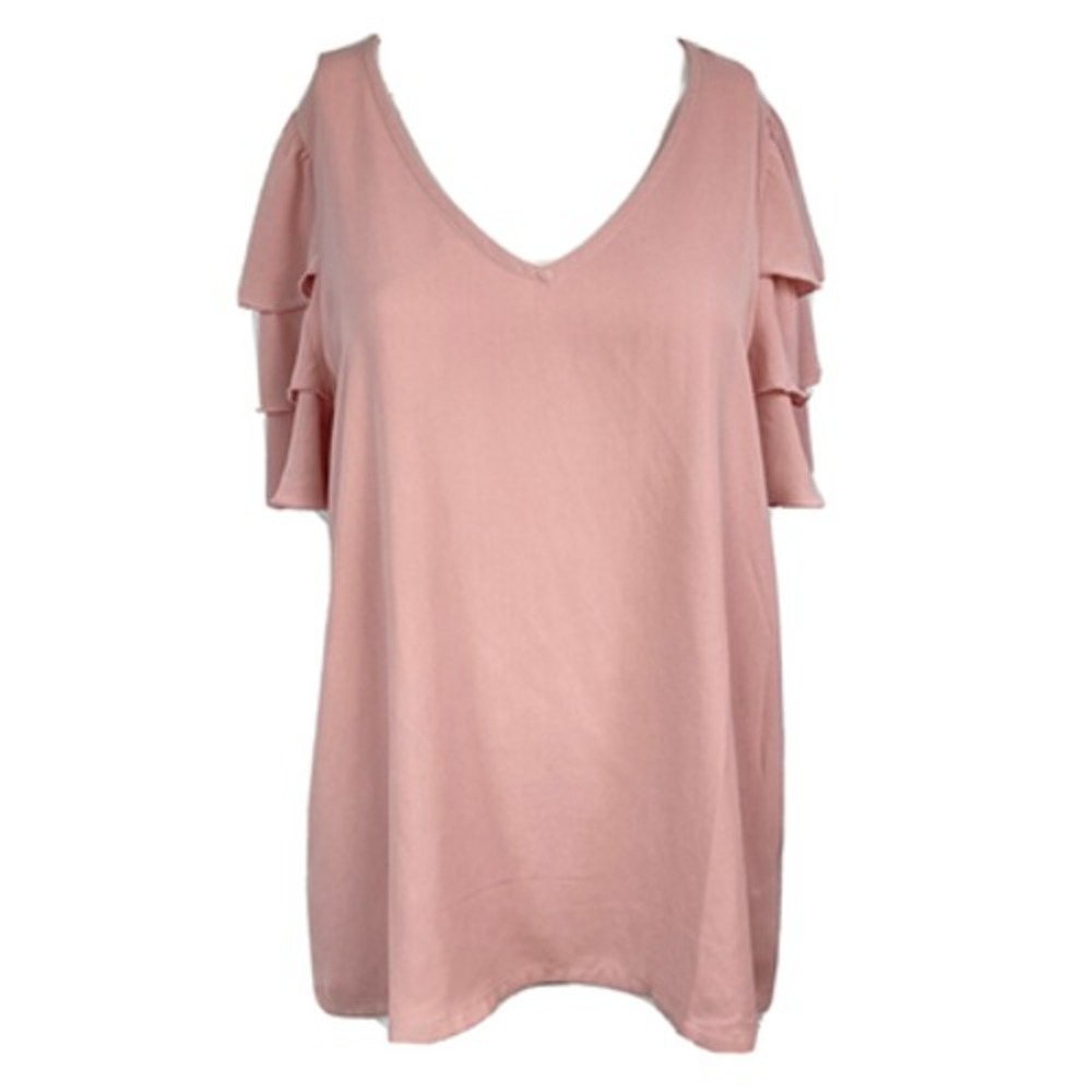 Jodifl Shirt Womens Sz S Pink Short Sleeved Ruffled Flutter V Neck Pullover Top